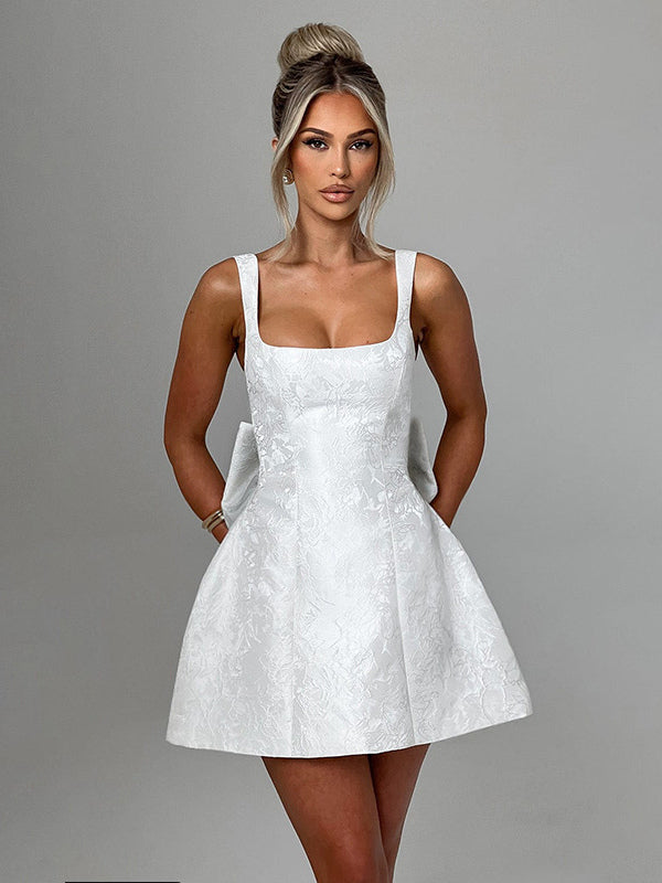 Jacquard Coquette Mini Dress For Women - Barbiecore Big Bow Back Sleeveless A Line - Summer Birthday Party Outfits 2026