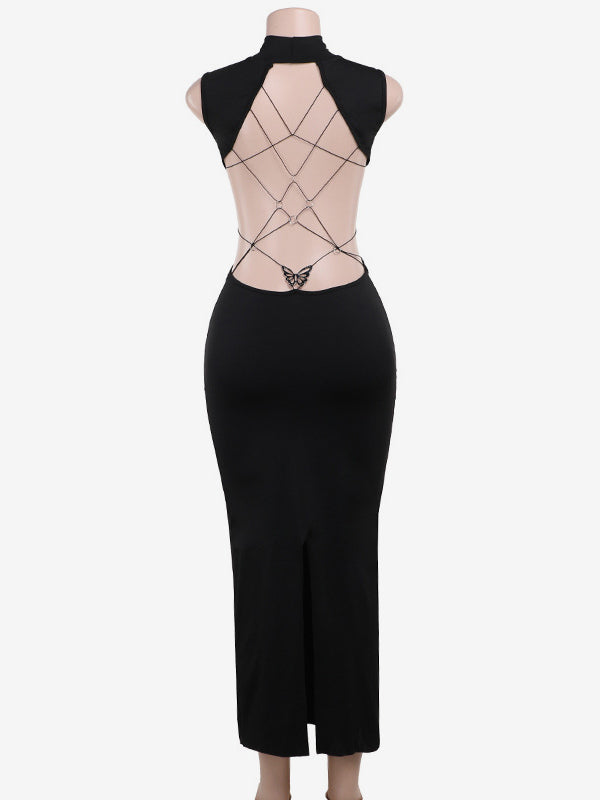 Backless Maxi Dress For Women - Butterfly Detail Mock Neck Black Bodycon Long Dress - Summer Night Out Clubwear 2026