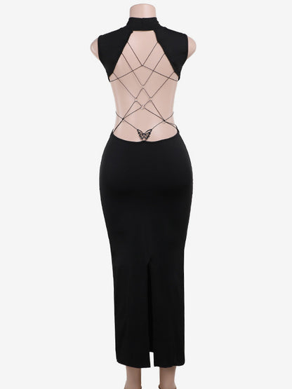 Backless Maxi Dress For Women - Butterfly Detail Mock Neck Black Bodycon Long Dress - Summer Night Out Clubwear 2026