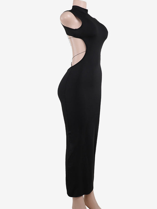Backless Maxi Dress For Women - Butterfly Detail Mock Neck Black Bodycon Long Dress - Summer Night Out Clubwear 2026
