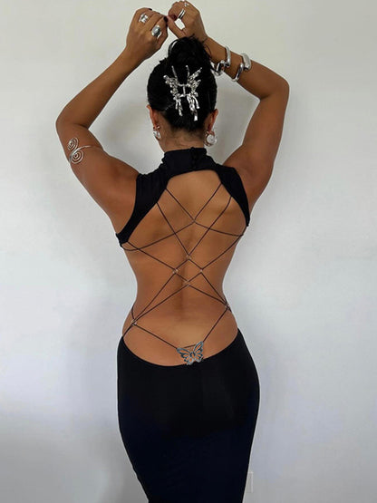 Backless Maxi Dress For Women - Butterfly Detail Mock Neck Black Bodycon Long Dress - Summer Night Out Clubwear 2026