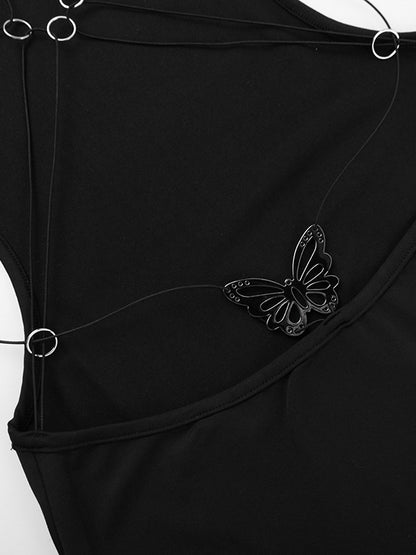 Backless Maxi Dress For Women - Butterfly Detail Mock Neck Black Bodycon Long Dress - Summer Night Out Clubwear 2026