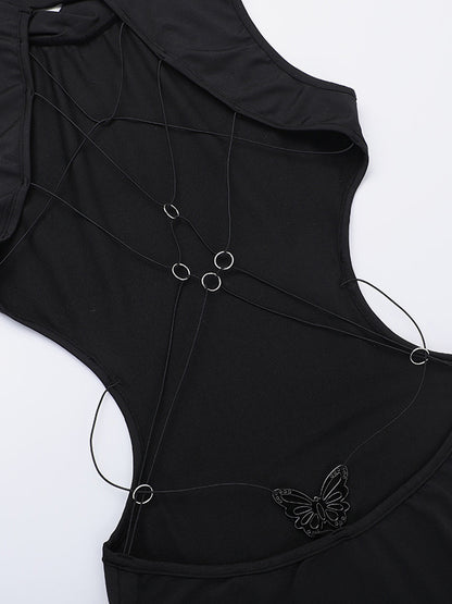 Backless Maxi Dress For Women - Butterfly Detail Mock Neck Black Bodycon Long Dress - Summer Night Out Clubwear 2026