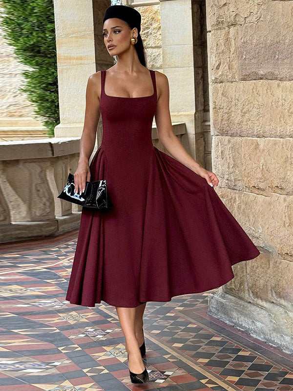 Square Neck Midi Dress For Women - Retro A-Line Pleated Dress - Spring Cocktail Party 2026