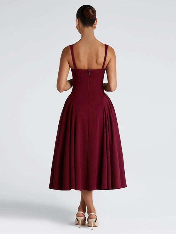 Square Neck Midi Dress For Women - Retro A-Line Pleated Dress - Spring Cocktail Party 2026