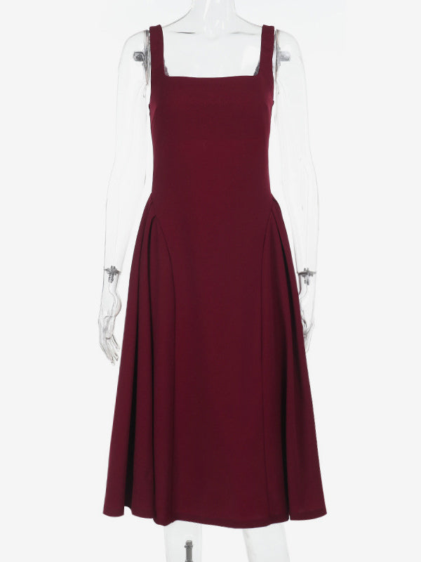 Square Neck Midi Dress For Women - Retro A-Line Pleated Dress - Spring Cocktail Party 2026