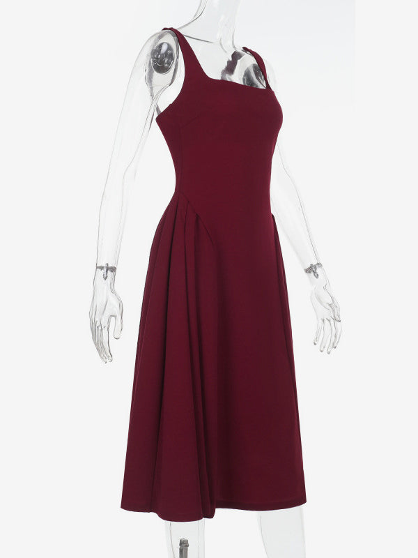 Square Neck Midi Dress For Women - Retro A-Line Pleated Dress - Spring Cocktail Party 2026