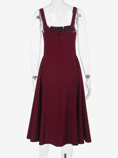 Square Neck Midi Dress For Women - Retro A-Line Pleated Dress - Spring Cocktail Party 2026