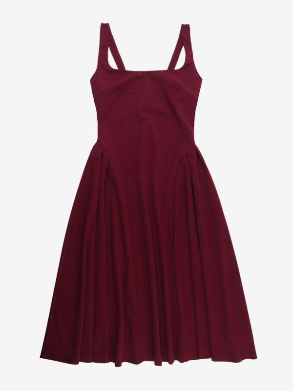 Square Neck Midi Dress For Women - Retro A-Line Pleated Dress - Spring Cocktail Party 2026