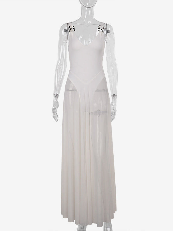 Sheer Maxi Dress For Women - Sexy V-neck Mesh Patchwork Bodysuit Flowy Gown - Summer Beach Club 2026