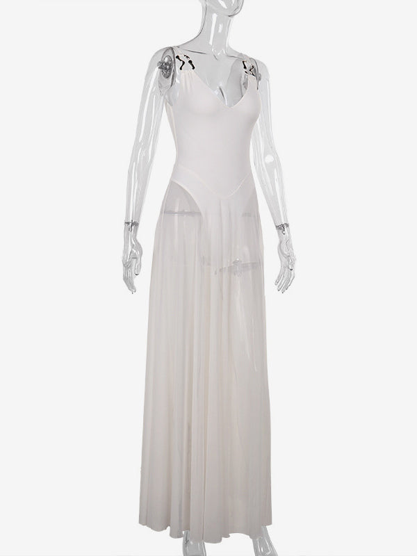 Sheer Maxi Dress For Women - Sexy V-neck Mesh Patchwork Bodysuit Flowy Gown - Summer Beach Club 2026