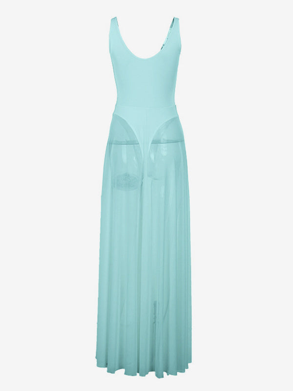 Sheer Maxi Dress For Women - Sexy V-neck Mesh Patchwork Bodysuit Flowy Gown - Summer Beach Club 2026