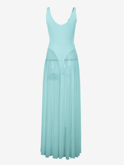 Sheer Maxi Dress For Women - Sexy V-neck Mesh Patchwork Bodysuit Flowy Gown - Summer Beach Club 2026
