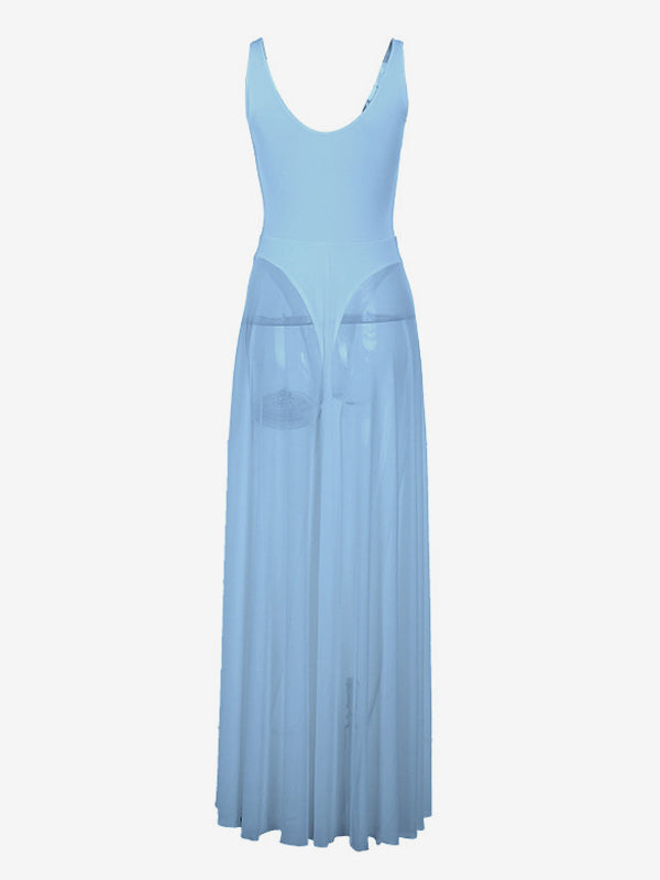 Sheer Maxi Dress For Women - Sexy V-neck Mesh Patchwork Bodysuit Flowy Gown - Summer Beach Club 2026