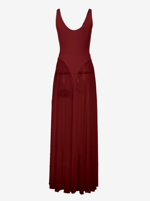 Sheer Maxi Dress For Women - Sexy V-neck Mesh Patchwork Bodysuit Flowy Gown - Summer Beach Club 2026