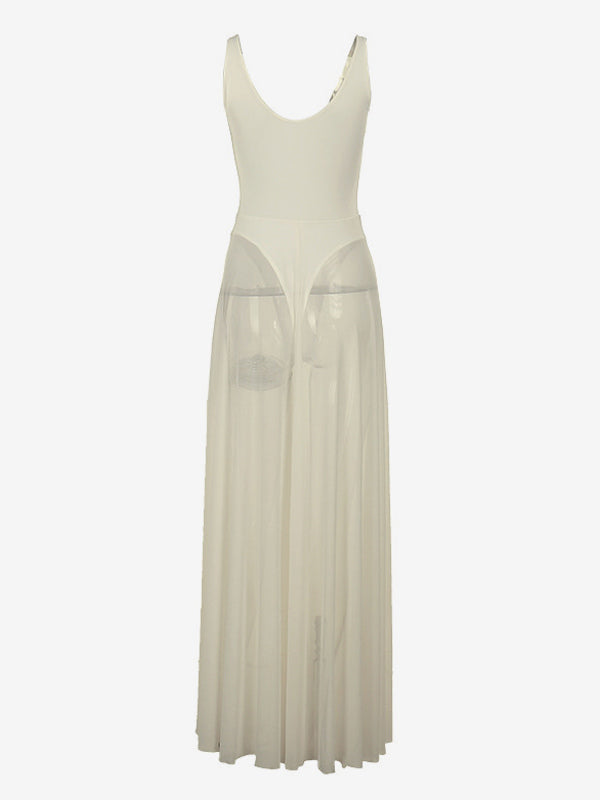 Sheer Maxi Dress For Women - Sexy V-neck Mesh Patchwork Bodysuit Flowy Gown - Summer Beach Club 2026