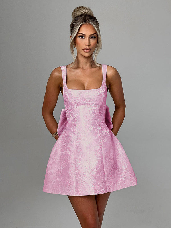 Jacquard Coquette Mini Dress For Women - Barbiecore Big Bow Back Sleeveless A Line - Summer Birthday Party Outfits 2026