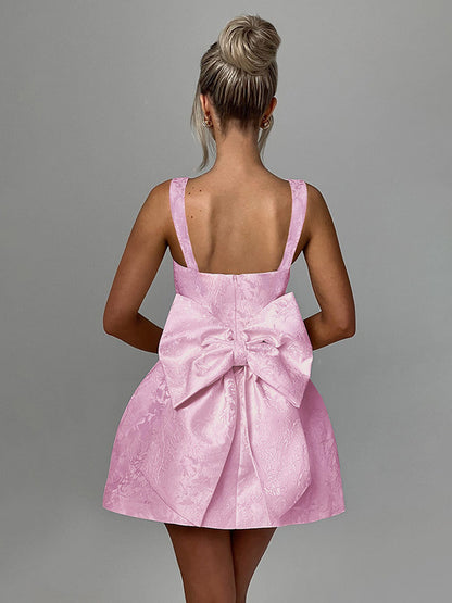 Jacquard Coquette Mini Dress For Women - Barbiecore Big Bow Back Sleeveless A Line - Summer Birthday Party Outfits 2026