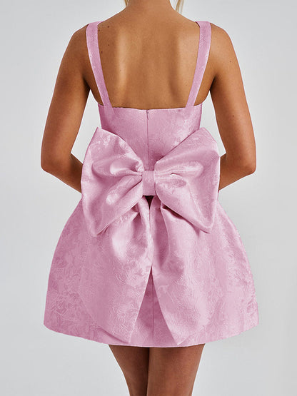 Jacquard Coquette Mini Dress For Women - Barbiecore Big Bow Back Sleeveless A Line - Summer Birthday Party Outfits 2026