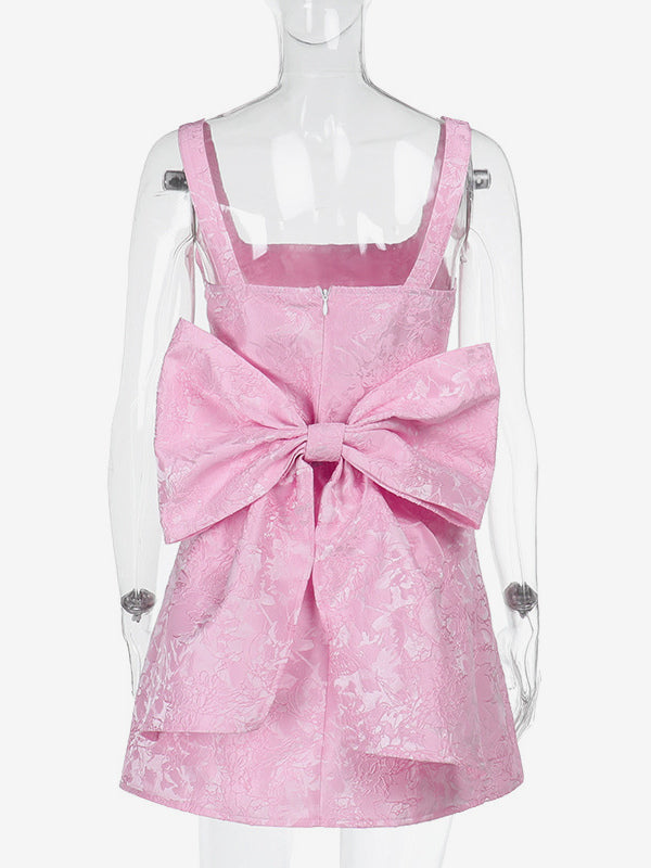 Jacquard Coquette Mini Dress For Women - Barbiecore Big Bow Back Sleeveless A Line - Summer Birthday Party Outfits 2026