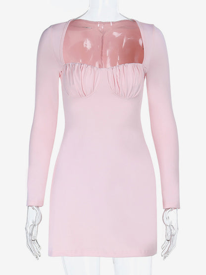 Coquette Bodycon Mini Dress For Women - Pastel Pink Long Sleeve Ruched Bust - Spring Brunch Date Night Outfits 2026