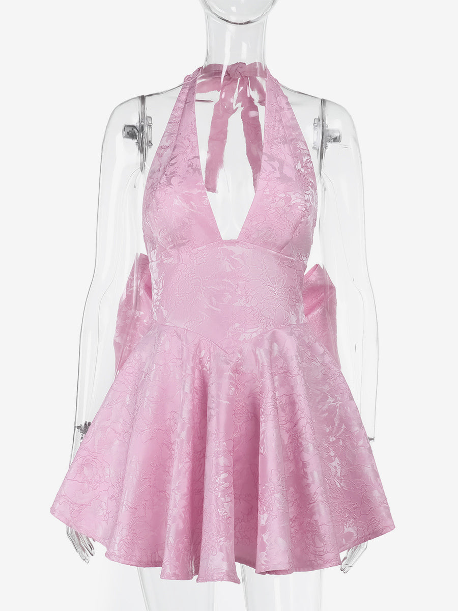 Jacquard Coquette Mini Dress For Women - Halter Neck Lace Up Big Bow Back Skater - Summer Birthday Party Outfits 2026