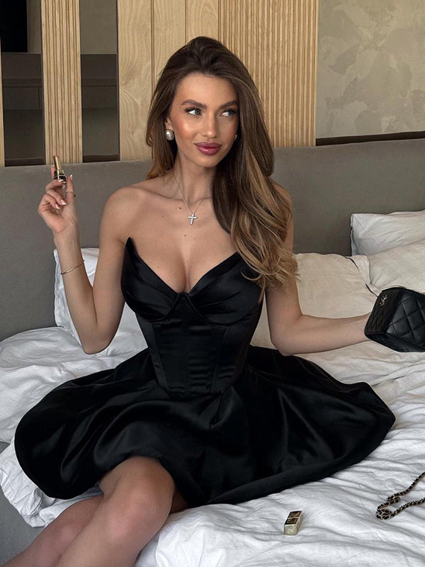 Corset Coquette Satin Dress For Women - Black Gothic Sweetheart Boned Sleeveless A Line Dress - Summer Birthday Party 2026