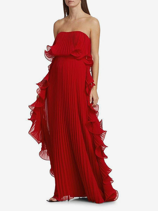 Pleated Strapless Women's Maxi Tube Dress - Ruffle Side Flowy Long Gown - Summer Beach Wedding Guest 2026