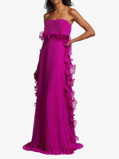 Pleated Strapless Women's Maxi Tube Dress - Ruffle Side Flowy Long Gown - Summer Beach Wedding Guest 2026
