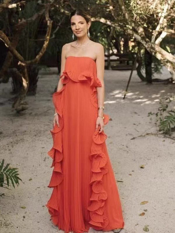 Pleated Strapless Women's Maxi Tube Dress - Ruffle Side Flowy Long Gown - Summer Beach Wedding Guest 2026