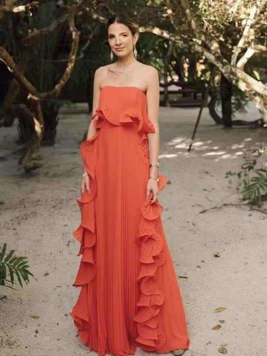 Pleated Strapless Women's Maxi Tube Dress - Ruffle Side Flowy Long Gown - Summer Beach Wedding Guest 2026