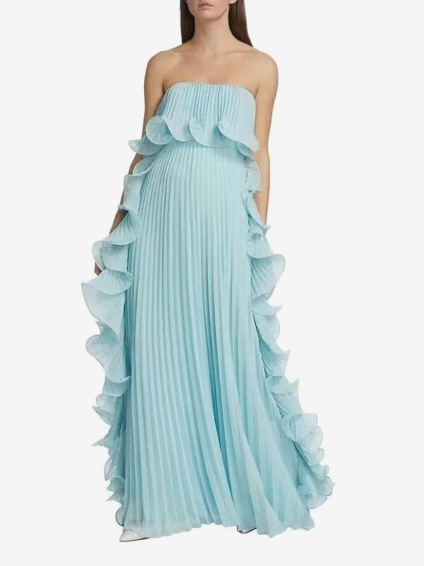 Pleated Strapless Women's Maxi Tube Dress - Ruffle Side Flowy Long Gown - Summer Beach Wedding Guest 2026