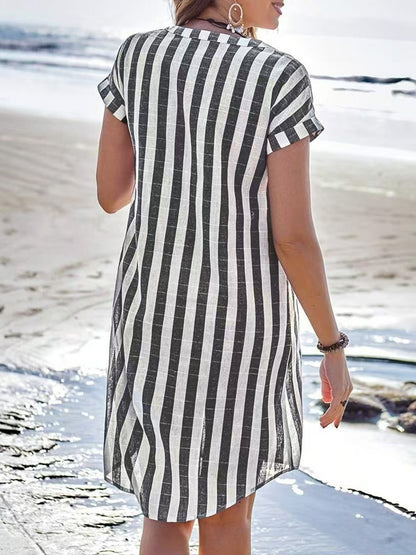 Vertical Striped Women's Shirt Dress - Short Sleeve Button Down Midi Dress - Summer Beach Vacation 2026