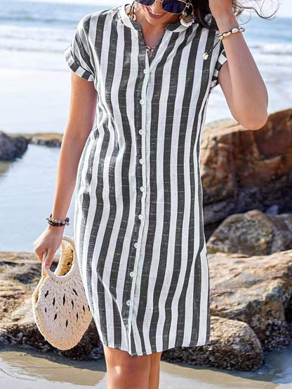 Vertical Striped Women's Shirt Dress - Short Sleeve Button Down Midi Dress - Summer Beach Vacation 2026