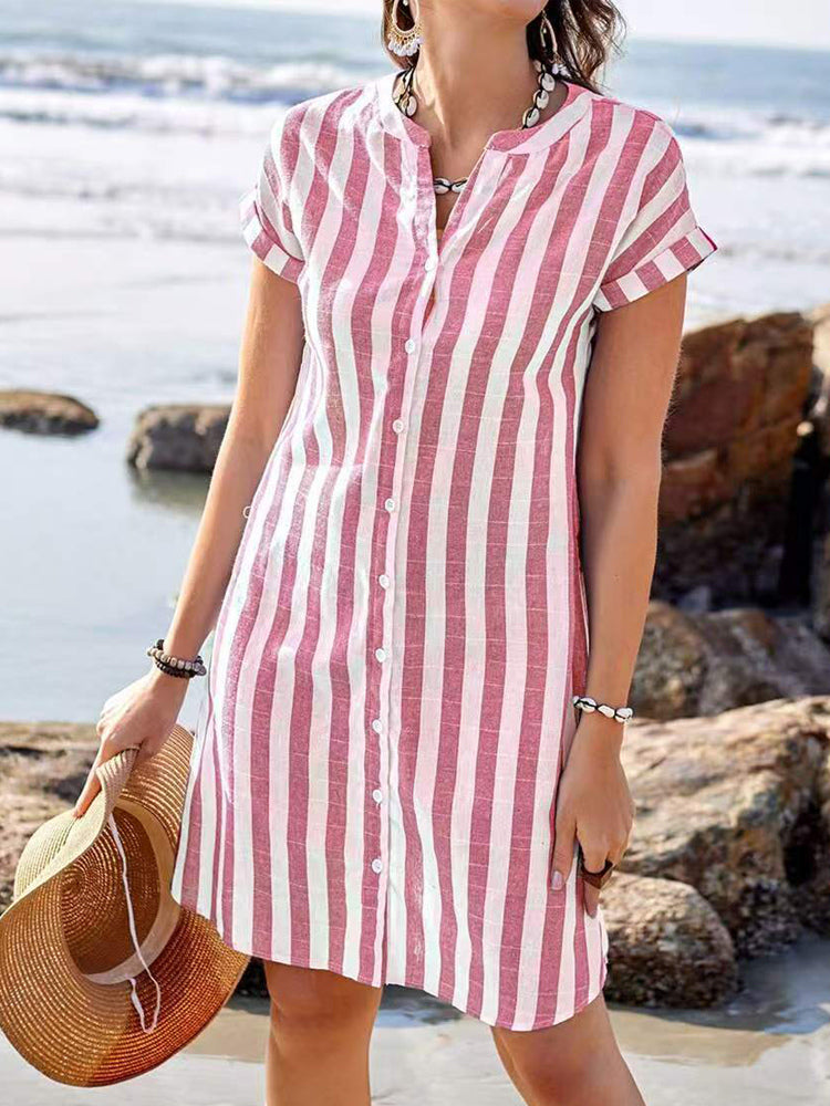 Vertical Striped Women's Shirt Dress - Short Sleeve Button Down Midi Dress - Summer Beach Vacation 2026