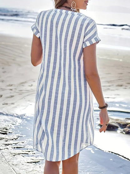 Vertical Striped Women's Shirt Dress - Short Sleeve Button Down Midi Dress - Summer Beach Vacation 2026