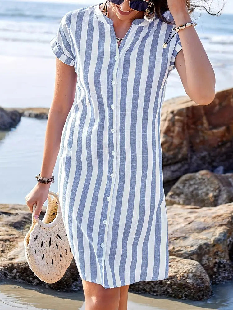 Vertical Striped Women's Shirt Dress - Short Sleeve Button Down Midi Dress - Summer Beach Vacation 2026
