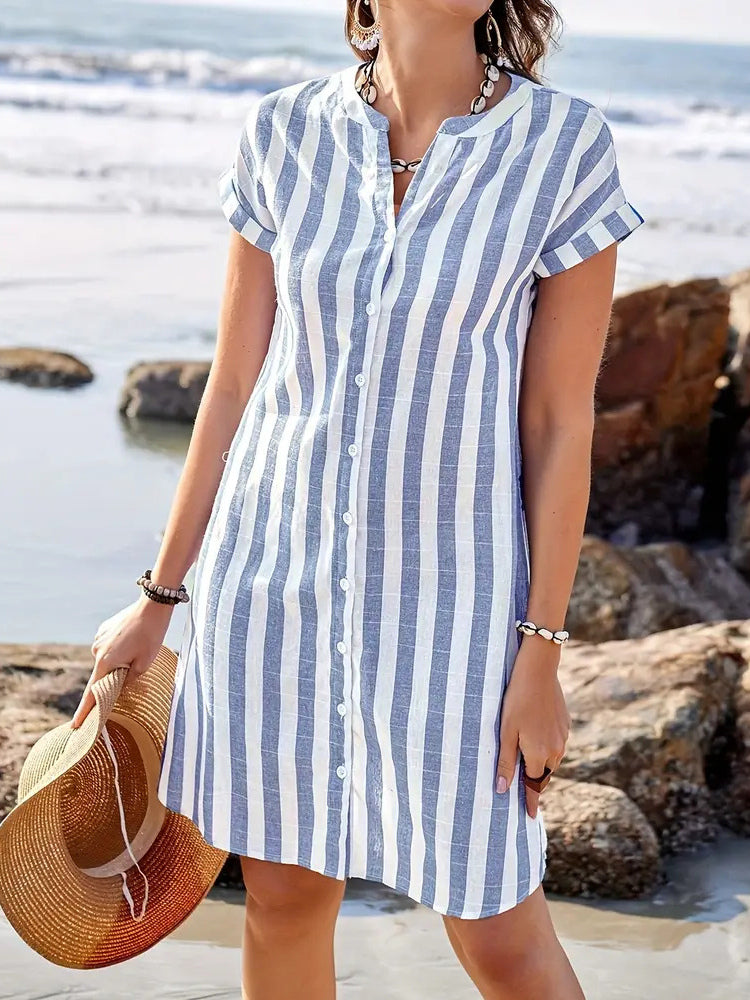 Vertical Striped Women's Shirt Dress - Short Sleeve Button Down Midi Dress - Summer Beach Vacation 2026