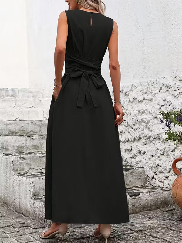 Sleeveless Tie Waist Maxi Dress For Women - Casual Solid Color A Line Sun Dress With Pockets - Summer Beach Vacation 2026