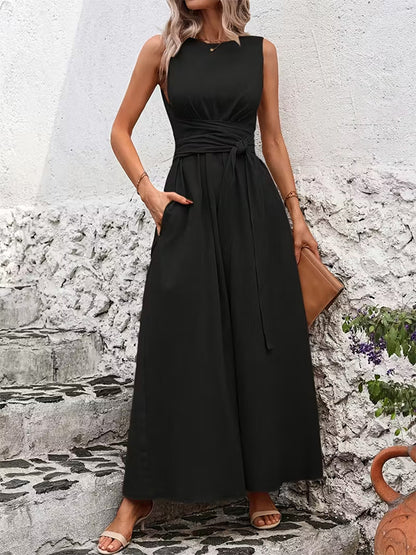 Sleeveless Tie Waist Maxi Dress For Women - Casual Solid Color A Line Sun Dress With Pockets - Summer Beach Vacation 2026