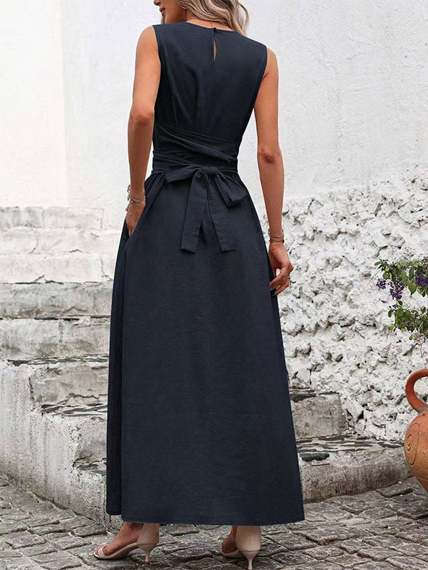Sleeveless Tie Waist Maxi Dress For Women - Casual Solid Color A Line Sun Dress With Pockets - Summer Beach Vacation 2026