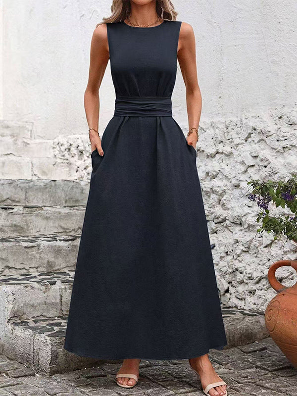 Sleeveless Tie Waist Maxi Dress For Women - Casual Solid Color A Line Sun Dress With Pockets - Summer Beach Vacation 2026