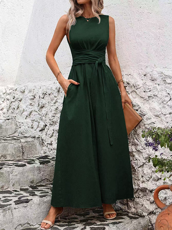 Sleeveless Tie Waist Maxi Dress For Women - Casual Solid Color A Line Sun Dress With Pockets - Summer Beach Vacation 2026