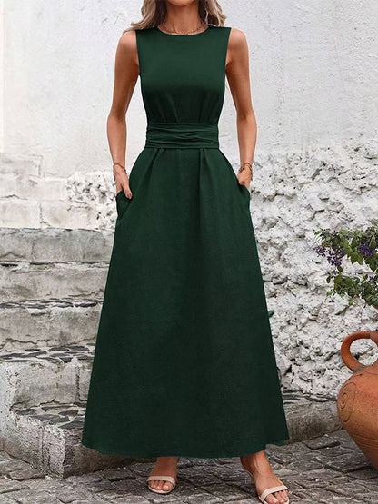 Sleeveless Tie Waist Maxi Dress For Women - Casual Solid Color A Line Sun Dress With Pockets - Summer Beach Vacation 2026