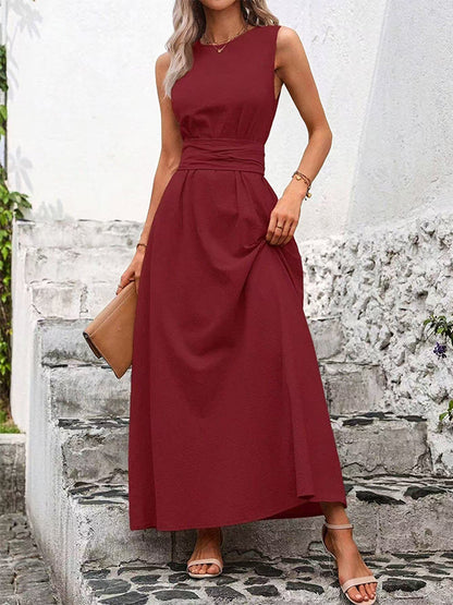 Sleeveless Tie Waist Maxi Dress For Women - Casual Solid Color A Line Sun Dress With Pockets - Summer Beach Vacation 2026