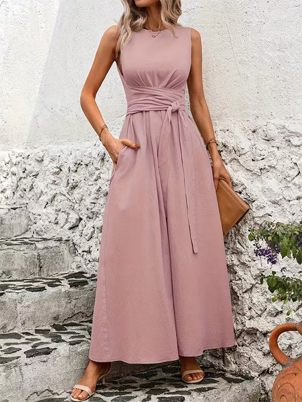 Sleeveless Tie Waist Maxi Dress For Women - Casual Solid Color A Line Sun Dress With Pockets - Summer Beach Vacation 2026