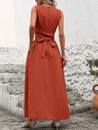 Sleeveless Tie Waist Maxi Dress For Women - Casual Solid Color A Line Sun Dress With Pockets - Summer Beach Vacation 2026