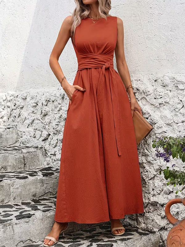 Sleeveless Tie Waist Maxi Dress For Women - Casual Solid Color A Line Sun Dress With Pockets - Summer Beach Vacation 2026
