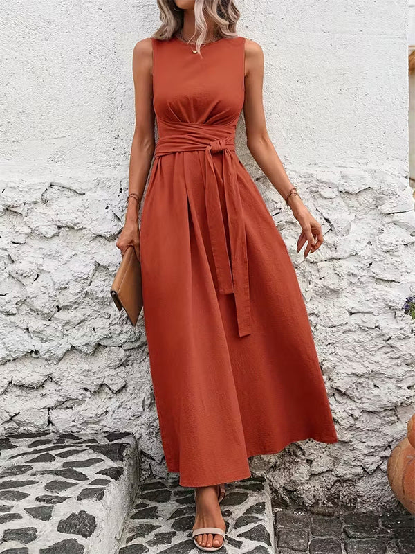 Sleeveless Tie Waist Maxi Dress For Women - Casual Solid Color A Line Sun Dress With Pockets - Summer Beach Vacation 2026