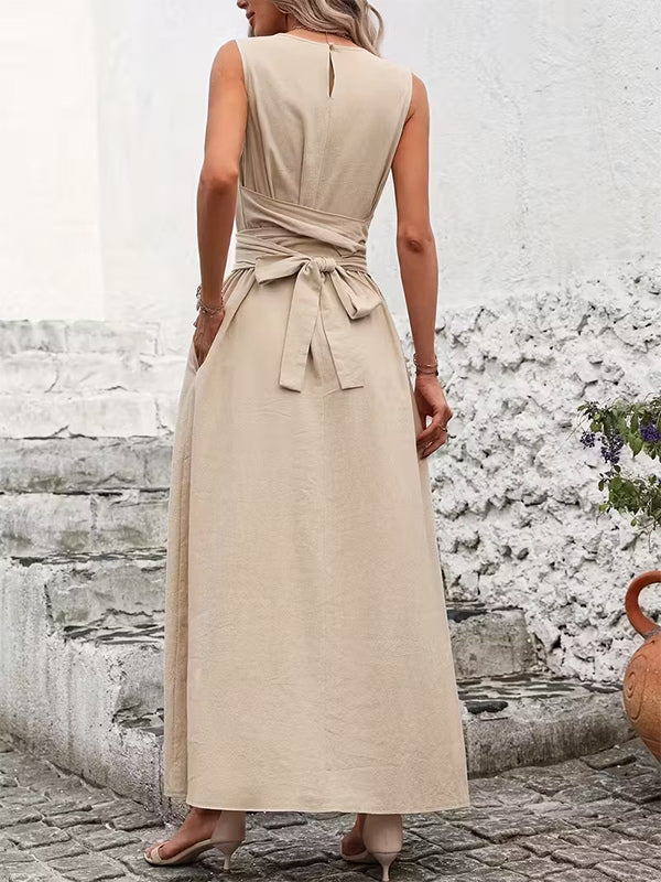 Sleeveless Tie Waist Maxi Dress For Women - Casual Solid Color A Line Sun Dress With Pockets - Summer Beach Vacation 2026